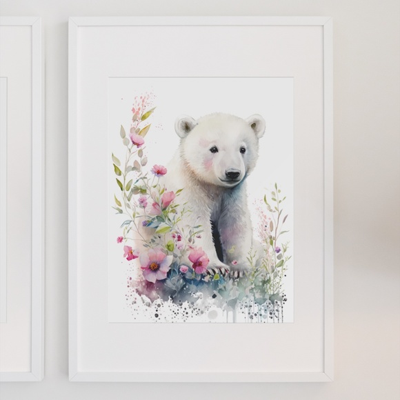Floral Polar Bear Watercolor Wall Art Illustration Print Poster Unframed - Picture 7 of 8